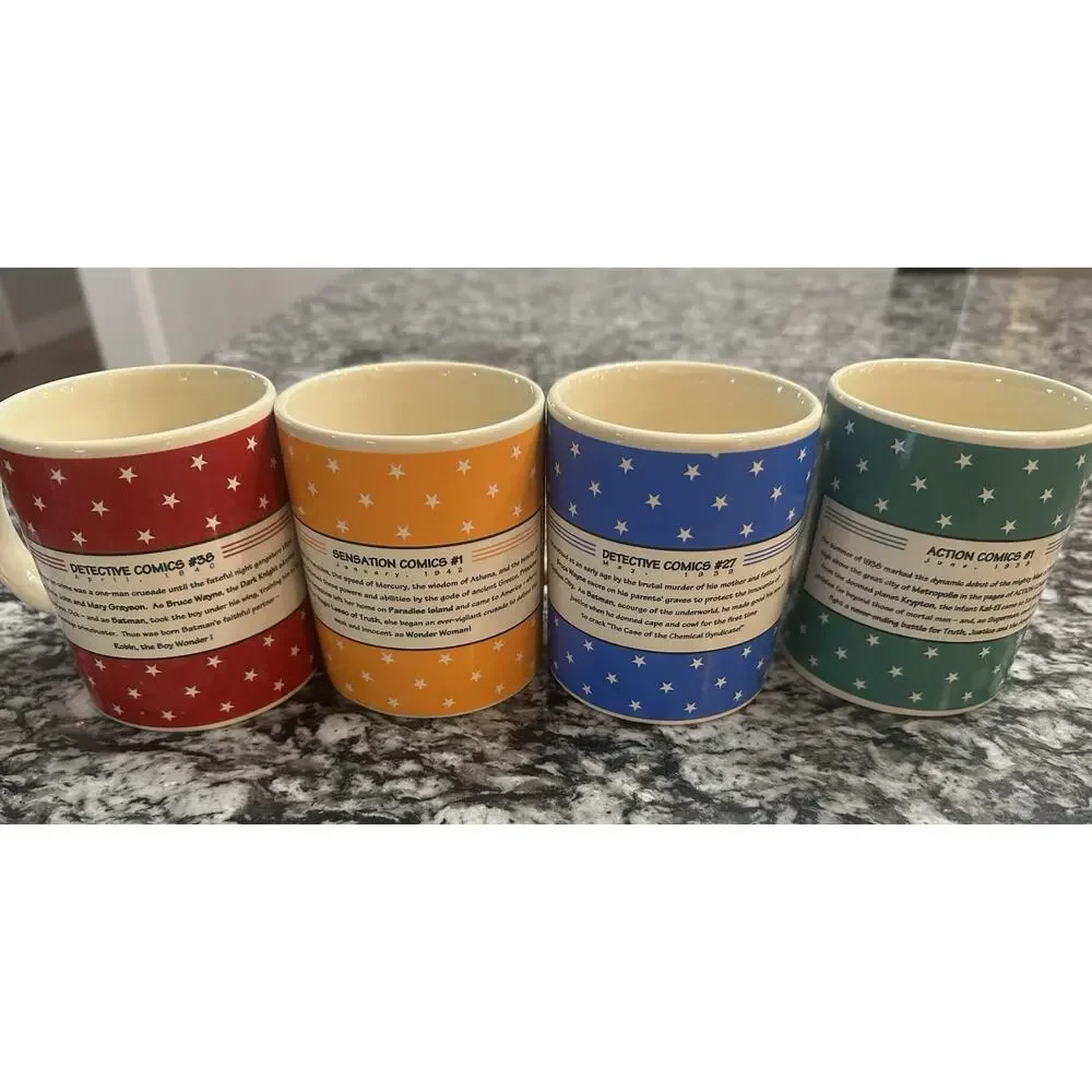 DC Comics Batman, Superman, Wonder Woman, Batman & Robin Mugs - Vintage Set of 4